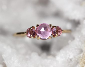 14K Gold Pink Sapphire Ring, Three Stone Ring, Triple Cabochon, Rose Cut Stone, 10K September Birthstone, Pink Stone Ring, Gift for Her
