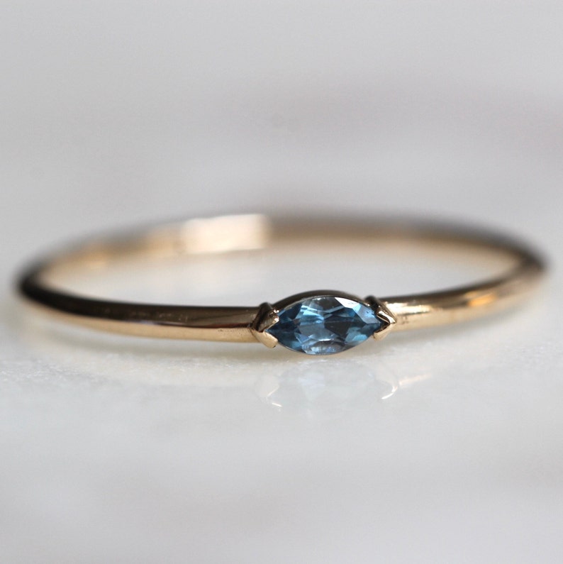 14K Gold Marquise Aquamarine Ring, Wink Ring, Stacking Ring, Midi Ring, 10K Promise Ring, Light Blue Stone, Aqua, Solid Gold Stacking Ring image 1
