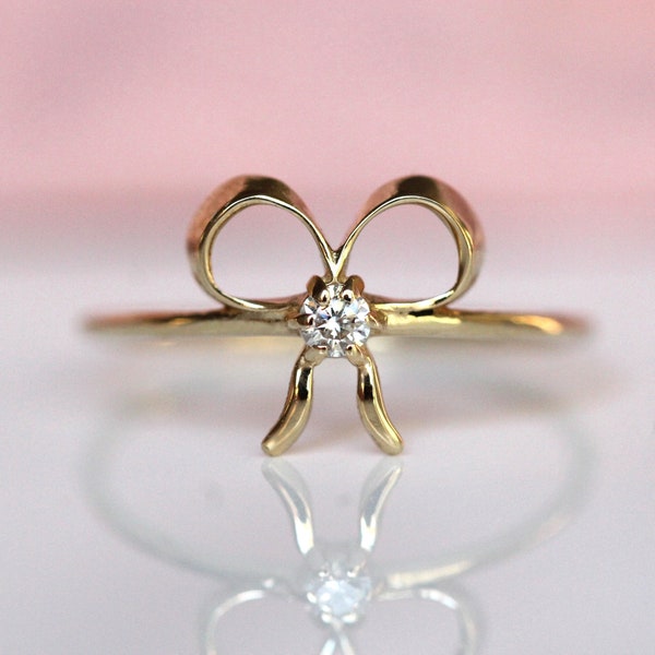 14K Gold Ribbon Ring, Diamond Ribbon Ring, Diamond Bow Ring, Gift for Her, 10K Gold Ring, Dainty Jewelry, Minimal Jewelry, Self Love Ring