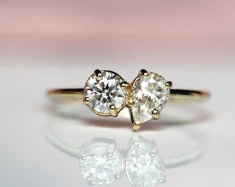 14K Toi et Moi Diamond Ring, Pear Shape, Tear Shape, Drop Shape, Round Stone, Solid Gold, 10K Gold, Engagement Ring, Two Stone Engagement