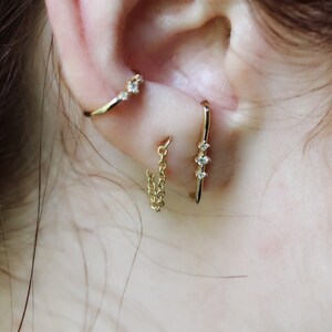 14K Gold Diamond Ear Suspender, Three Diamond Earring, Ear Wrap, Gold Ear Wrap, Solid Gold Bar Stud, Post Earring, Ear Hook, Solid Gold image 4