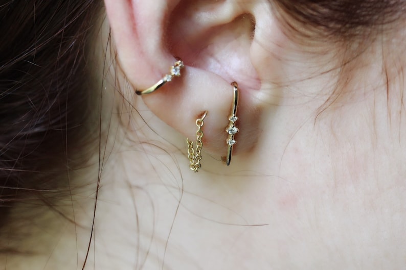 14K Gold Diamond Ear Suspender, Three Diamond Earring, Ear Wrap, Gold Ear Wrap, Solid Gold Bar Stud, Post Earring, Ear Hook, Solid Gold image 4