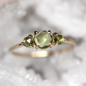 14K Gold Peridot Ring, Three Stone Ring, Rose Cut Peridot, 10K August Birthstone, Triple Stone Ring, Green Stone, Rose-cut Stone