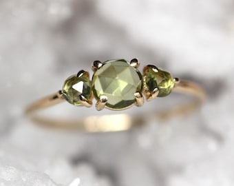 14K Gold Peridot Ring, Three Stone Ring, Rose Cut Peridot, 10K August Birthstone, Triple Stone Ring, Green Stone, Rose-cut Stone