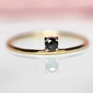 14K Gold Black Diamond Ring, Floating Stone, Rose Cut Diamond, 10K Solid Gold, Stacking Ring, Black Stone Ring, Solitaire Ring, Solid Gold