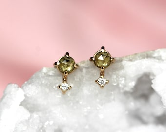 14K Peridot Diamond Studs, Love Drop Studs, Green Stone Earrings, August Birthstone, Two Stone Studs, Solid Gold Earrings, Rose Cut Stone