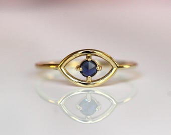 14K Gold Sapphire Ring, "Evil Eye" Ring, Blue Ring, September Birthstone, 10K, Open Eye Ring, Dainty Ring, Solid Gold Ring, Rose-Cut Stone