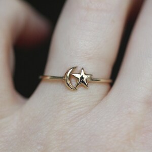 14K Star and Moon Ring, Solid Gold Ring, Astrology Jewelry, Minimal Jewelry, 10K, Celestial Jewelry, Star Ring, Moon Ring, Crescent Moon image 2