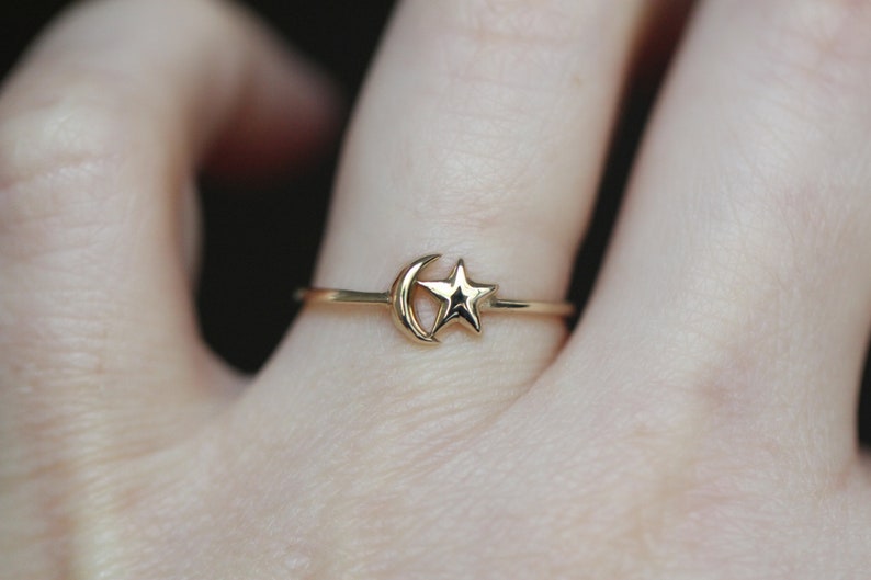 14K Star and Moon Ring, Solid Gold Ring, Astrology Jewelry, Minimal Jewelry, 10K, Celestial Jewelry, Star Ring, Moon Ring, Crescent Moon image 2