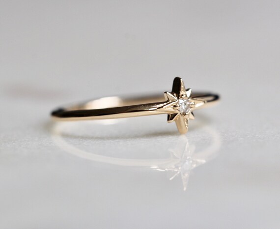 14k Gold Diamond Ring North Star Ring Astrology Etsy