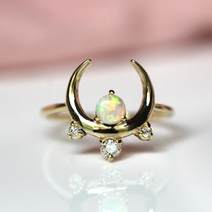 14K Crescent Moon Cluster Ring, 10K, Australian Opal, Diamond Ring, Moon Ring, Celestial Ring, Multi Stone Ring, Solid Gold, Opal Diamond