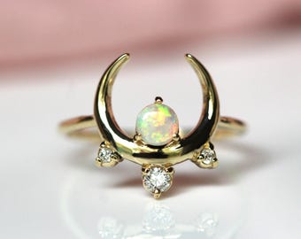 14K Crescent Moon Cluster Ring, 10K, Australian Opal, Diamond Ring, Moon Ring, Celestial Ring, Multi Stone Ring, Solid Gold, Opal Diamond