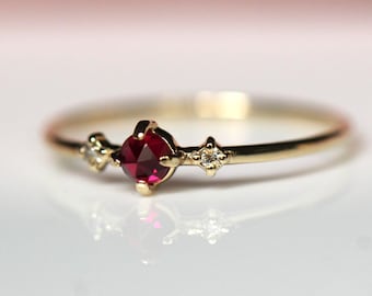 14K Gold Ruby Diamond Ring, Red Stone Ring, Dainty Ring, Rose-cut Ruby, Solid Gold Ring, Three Stone Ring, July Birthstone, 10K Gold