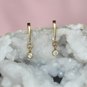 14K Gold Dangle Diamond Earrings, Drop Earrings, Post Dangle Earrings, Bezel Earrings, Bridal Earrings, Solid Gold Earrings, Gift for Her