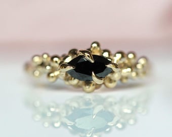 10K One of a Kind Black Diamond Ring, Alternative Bridal Ring, Solid Gold, Marquise Diamond, Unique Ring, OOAK, Claw Prong, Black Stone