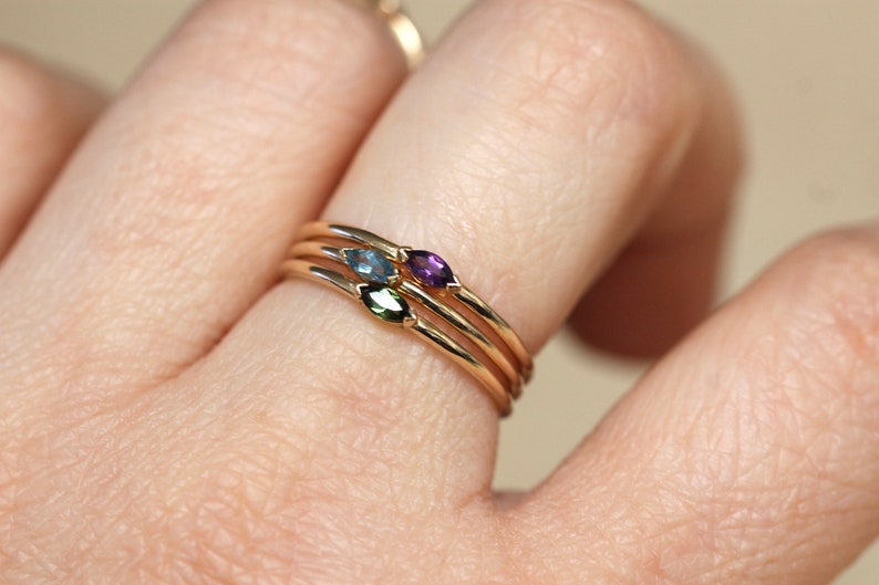 14K Gold Marquise Aquamarine Ring, Wink Ring, Stacking Ring, Midi Ring, 10K Promise Ring, Light Blue Stone, Aqua, Solid Gold Stacking Ring image 6