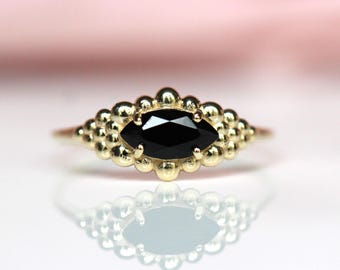 14K Marquise Bubble Ring, Onyx Ring, Black Stone Ring, Beaded Cluster Ring, 10K Gold, Black Diamond Ring, Real Gold, Eye Shape Stone, Halo