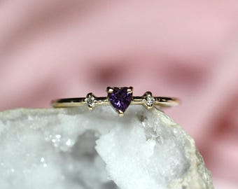 14K Amethyst Heart Ring, Three Stone Ring, February Birthstone, 10K Gemstone Ring, Purple Stone Ring, Tiny Heart Ring, Stacking, Diamond