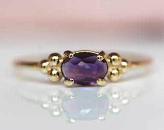 14K Triple Bead Amethyst Ring, Oval Amethyst, Gemstone Ring, February Birthstone, Purple Stone, Accented Ring, Oval Gemstone, 10K, Rose-cut
