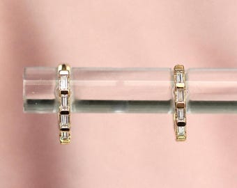 14K Baguette Diamond Huggie Earrings, Natural Diamonds, Clicker Closure Huggie, Solid Gold, 10mm Heggie, Rectangle Diamond, Step Cut