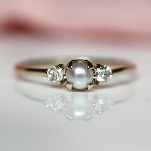 14K Gold Pearl Diamond Ring, Diamond Ring, Cluster Ring, 10K, Engagement Ring, Three Stone Ring, Pearl Ring, June Birthstone, Self Love Ring