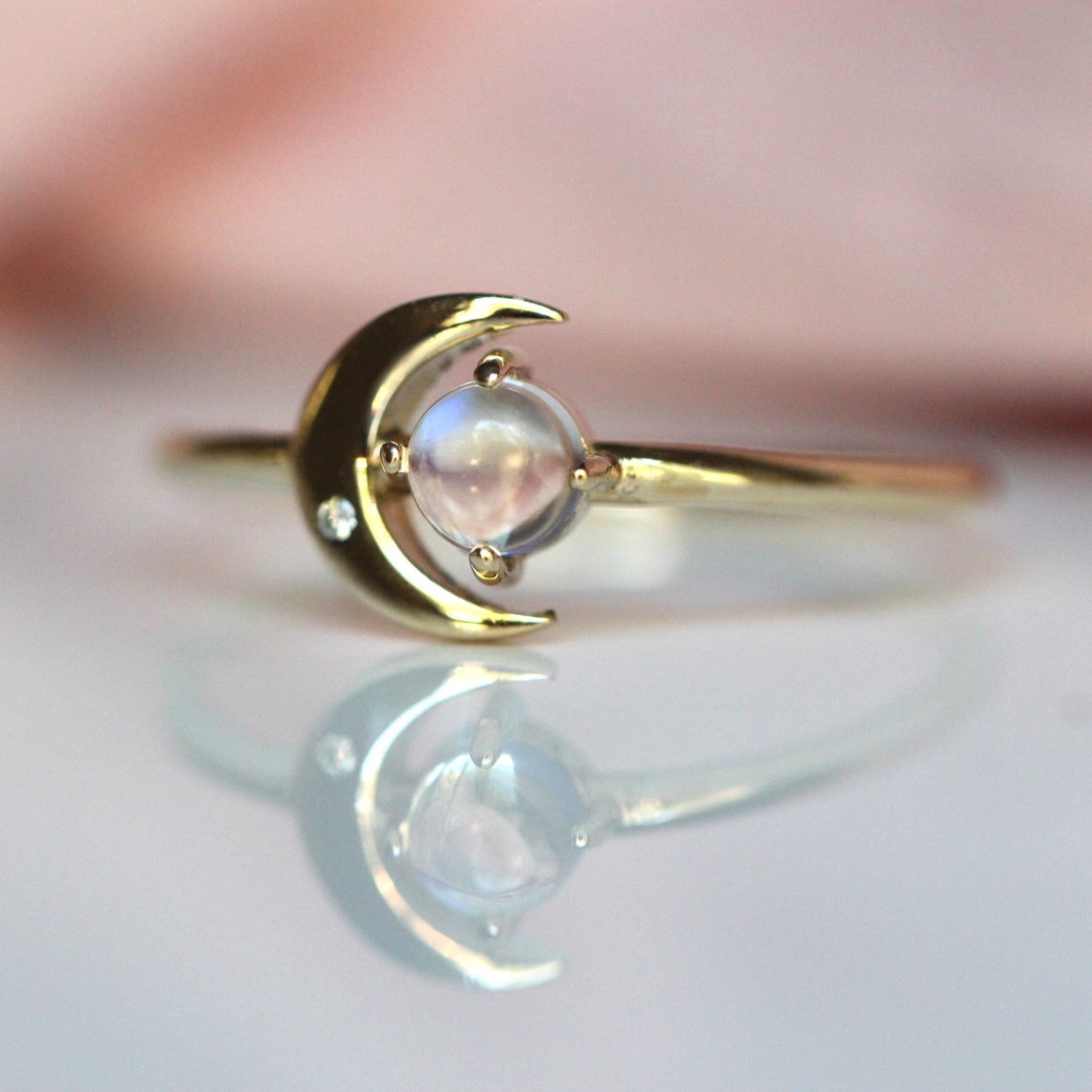 Unique Moon Rings 14K Solid Gold Moonstone Moon Ring, 10K Crescent Moon Ring, Moon ...