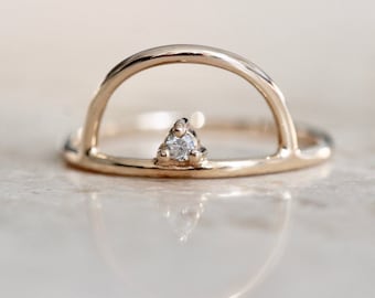 14K Gold Diamond Ring, "Horizon" Ring, Engagement Ring, Dainty Engagement Ring, Sunrise Ring, Curved Diamond Floating Stone, Solid Gold