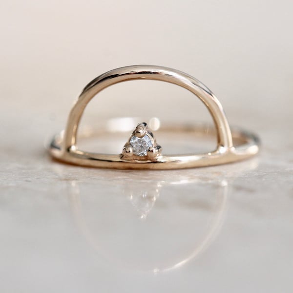 14K Gold Diamond Ring, "Horizon" Ring, Engagement Ring, Dainty Engagement Ring, Sunrise Ring, Curved Diamond Floating Stone, Solid Gold, 10K