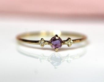 14K Amethyst Three Stone Ring, Side Diamond, Rose-cut Amethyst, 10K Gold, Solid Gold Ring, Purple Stone Ring, February Birthstone Ring