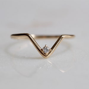 14K Diamond Chevron Ring, V Ring, Solid Gold, Stacking Ring, Wedding Band, Triangle Ring, Deep V, Single Stone, Curved Ring, Geometric Ring image 8
