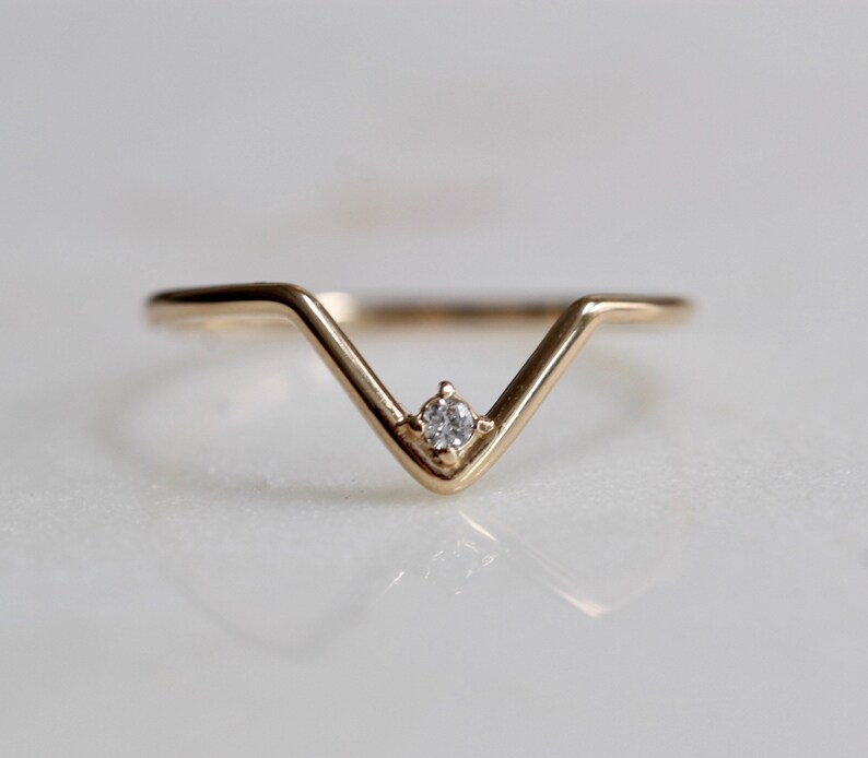 14K Diamond Chevron Ring, V Ring, Solid Gold, Stacking Ring, Wedding Band, Triangle Ring, Deep V, Single Stone, Curved Ring, Geometric Ring image 8