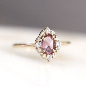 Anello Halo ovale in oro 14K, anello Halo Cabochon, anello Cluster, anello Moonstone, opale, acquamarina, zaffiro rosa, Halo di dimensioni miste, anello in oro massiccio