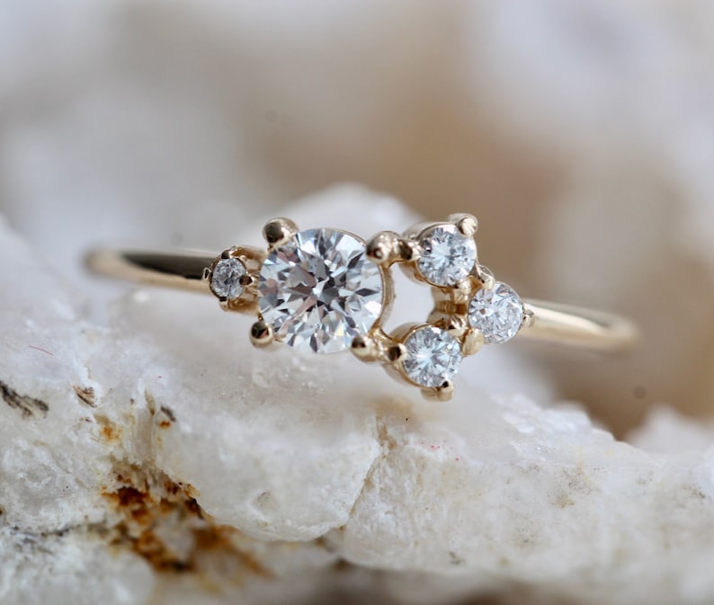 14K Gold Diamond Cluster Ring, Multi Diamond Ring, Unique Engagement Ring, Mixed Size Stones, Minimal Design