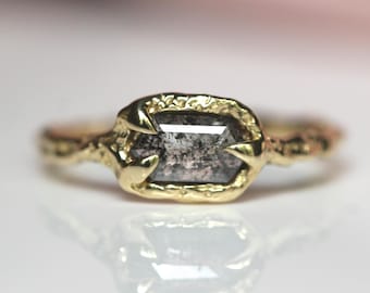 OOAK 10K Salt and Pepper Diamond Ring, Hexagon Diamond, Molted Ring, Organics Textured Ring, Spike Prongs, One of a Kind, Asymmetrical Ring