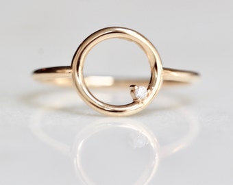 14K Open Circle Ring, Circle Diamond Ring, Modern Circle Ring, Geometric Ring, Round Ring, Loop Ring, Asymmetrical Ring, Solid Gold Ring