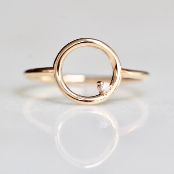 14K Open Circle Ring Circle Diamond Ring Modern Circle Ring