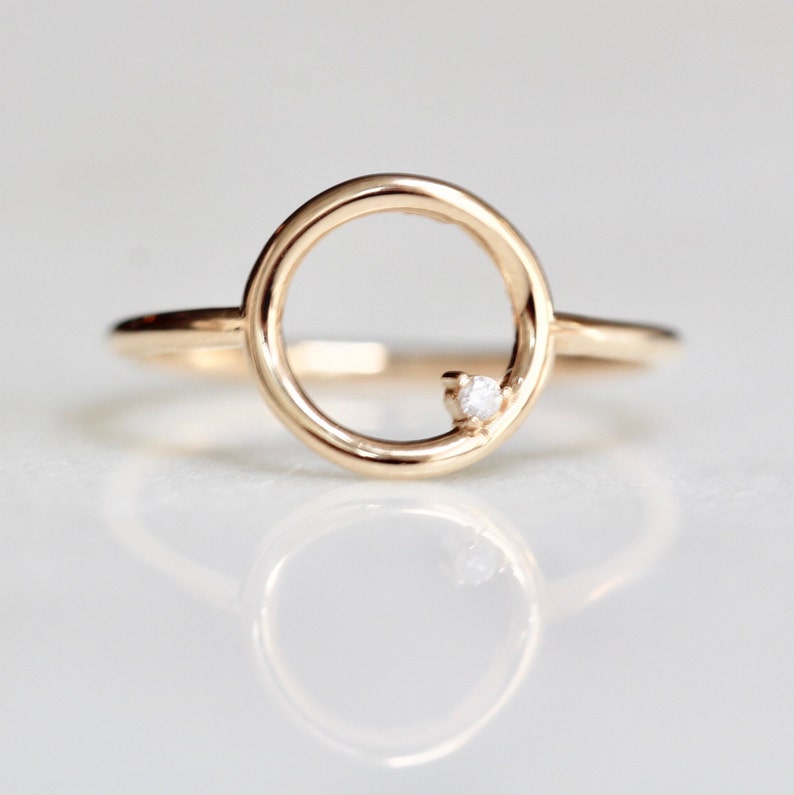 14K Open Circle Ring, Circle Diamond Ring, Modern Circle Ring, Geometric Ring, Round Ring, Loop Ring, Asymmetrical Ring, Solid Gold Ring image 1