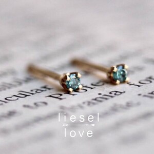 14K Gold Tiny Blue Diamond Studs, Blue Diamond, Diamond Earrings, Tiny Studs, Dainty Earrings, Second Hole Studs, Four Prong Earring image 2