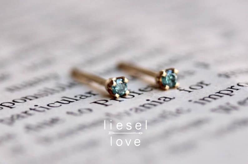 14K Gold Tiny Blue Diamond Studs, Blue Diamond, Diamond Earrings, Tiny Studs, Dainty Earrings, Second Hole Studs, Four Prong Earring image 2