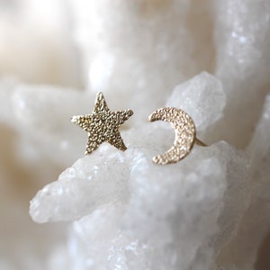 Solid 14K Star and Moon Studs, Glitter Texture, Night Sky, Gold Earring, Sparkle Finish, Mismatch Studs, Mix and Match, Astrology Jewelry image 2