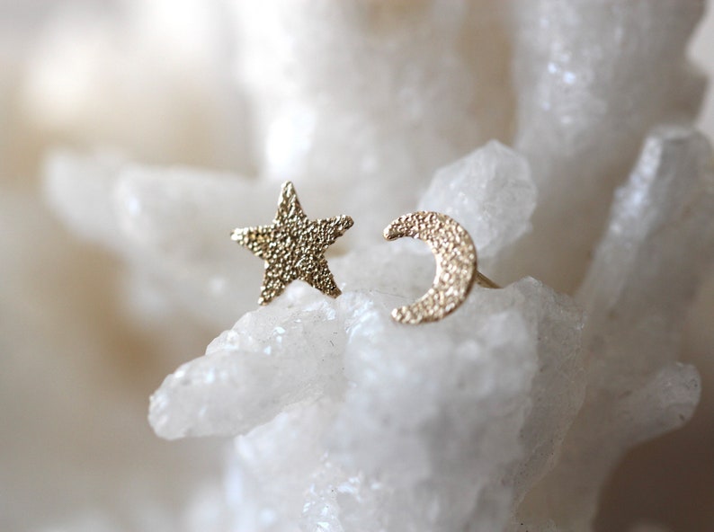 Solid 14K Star and Moon Studs, Glitter Texture, Night Sky, Gold Earring, Sparkle Finish, Mismatch Studs, Mix and Match, Astrology Jewelry image 2