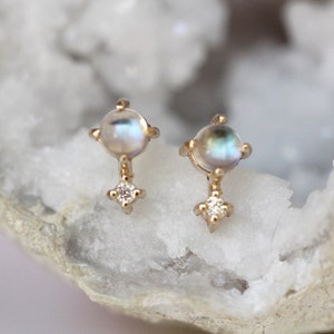 14K Gold Moonstone Diamond Earrings, "Love Drop" Earrings, Moonstone, Moonstone Studs, June Birthstone Two Stone Stud, Post Earrings, Real