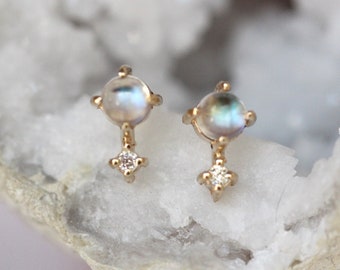 14K Gold Moonstone Diamond Earrings, "Love Drop" Earrings, Moonstone, Moonstone Studs, June Birthstone Two Stone Stud, Post Earrings, Real