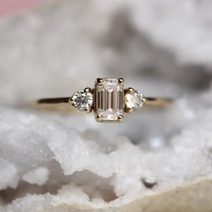 14K Gold Emerald Cut Diamond Ring, Three Stone Ring, Natural Diamond, Lab Made, Moissanite, Step Cut Stone, Engagement Ring, Minimalist