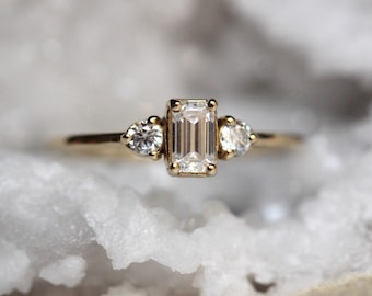 14K Gold Emerald Cut Diamond Ring, Three Stone Ring, Natural Diamond, Lab Made, Moissanite, Step Cut Stone, Engagement Ring, Minimalist