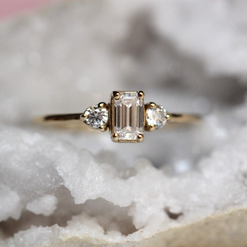 14K Gold Emerald Cut Diamond Ring, Three Stone Ring, Natural Diamond, Lab Made, Moissanite, Step Cut Stone, Engagement Ring, Minimalist image 1