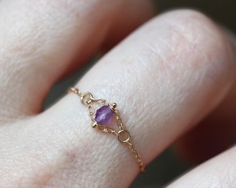 14K Gold Amethyst Chain Ring, Solid Gold Chain Ring, Solid Gold Amethyst Ring, Purple Stone, Rope Chain Ring, February Birthstone, Cute Ring