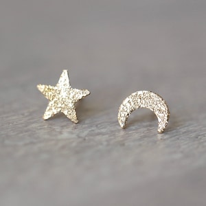 Solid 14K Star and Moon Studs, Glitter Texture, Night Sky, Gold Earring, Sparkle Finish, Mismatch Studs, Mix and Match, Astrology Jewelry