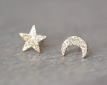 14K Star and Moon Glitter Studs