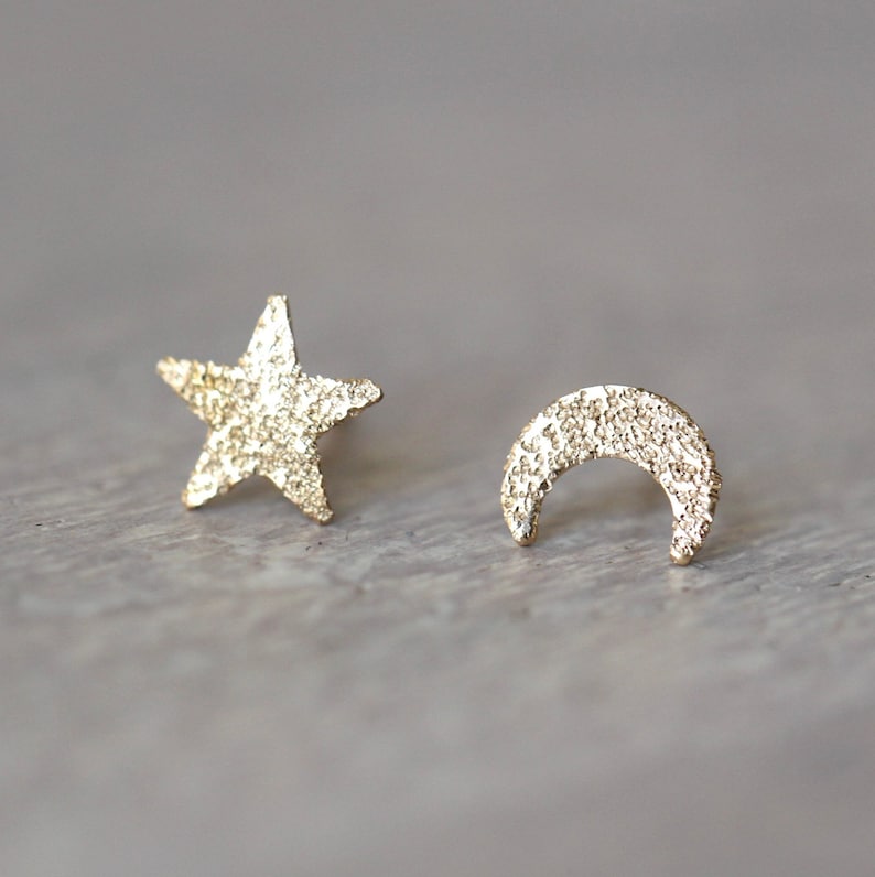 Solid 14K Star and Moon Studs, Glitter Texture, Night Sky, Gold Earring, Sparkle Finish, Mismatch Studs, Mix and Match, Astrology Jewelry image 1